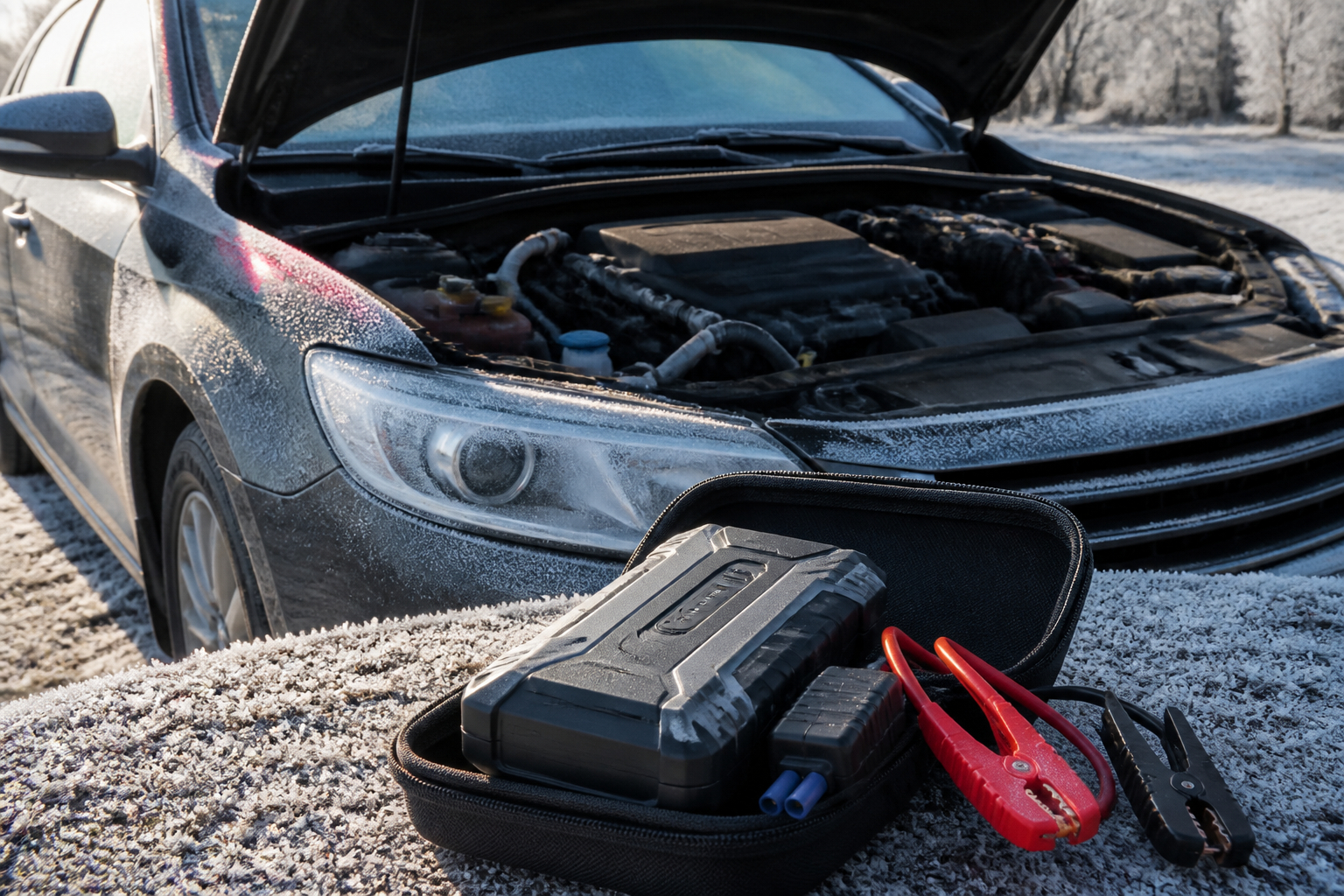 Mobile Starthilfe Powerbank bei leerer Autobatterie im Winter