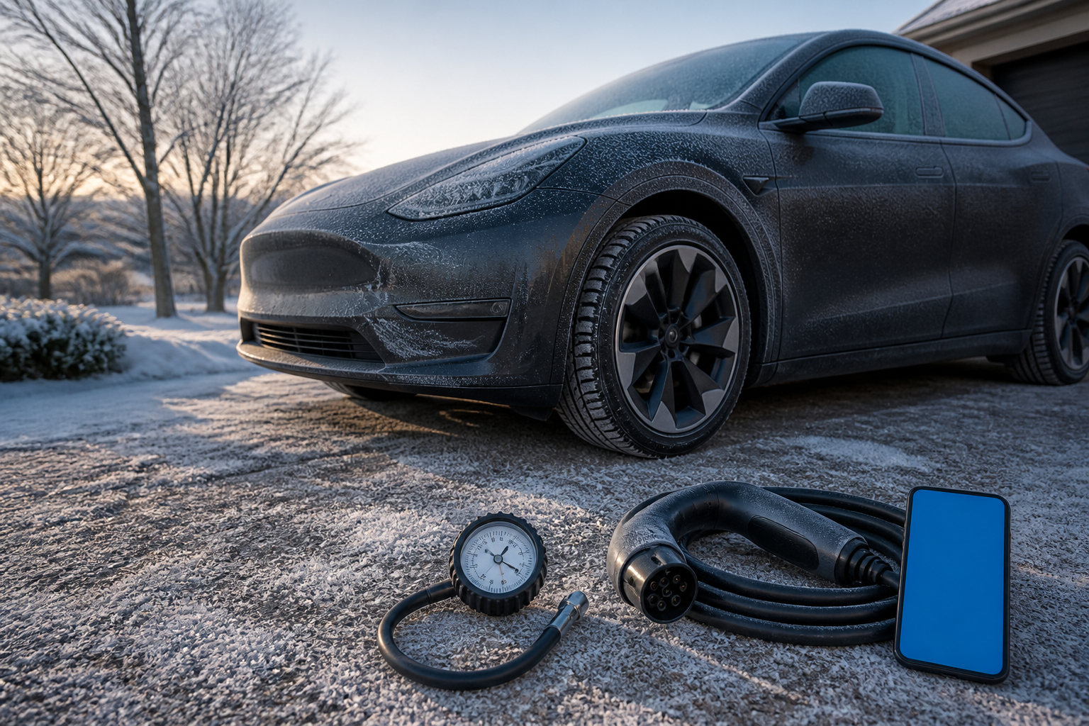 Wintercheck für Elektroauto mit Reifendruckprüfer und Ladekabel