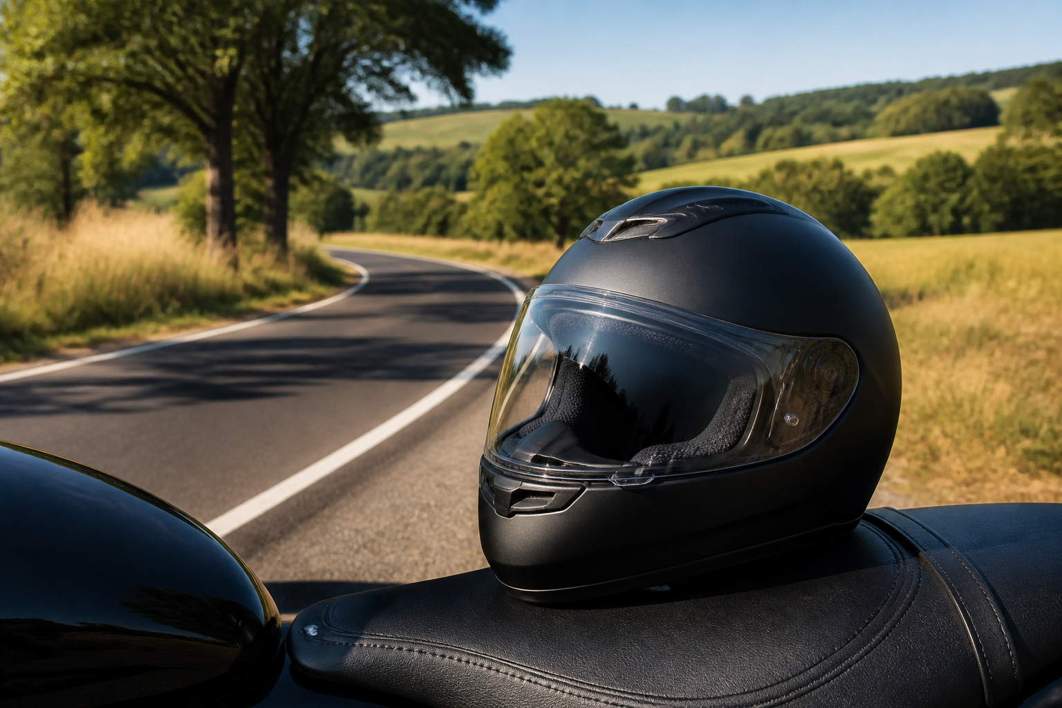 Motorradfahrer mit passendem Integralhelm auf Tour
