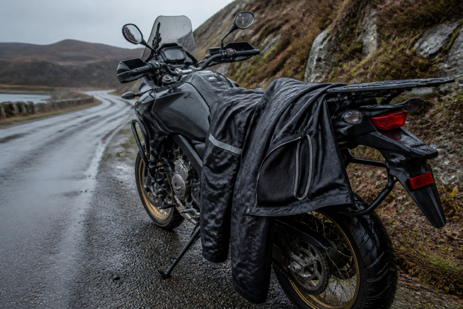 Motorradfahrer mit belüfteter Regenkombi im Alltag