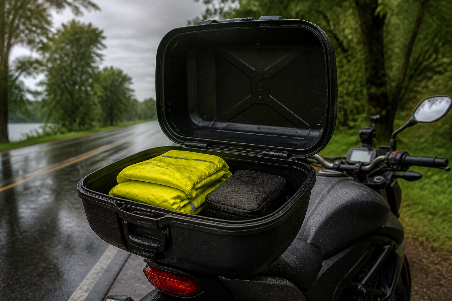 Kompakte Motorrad-Regenkombi im Topcase aufbewahren