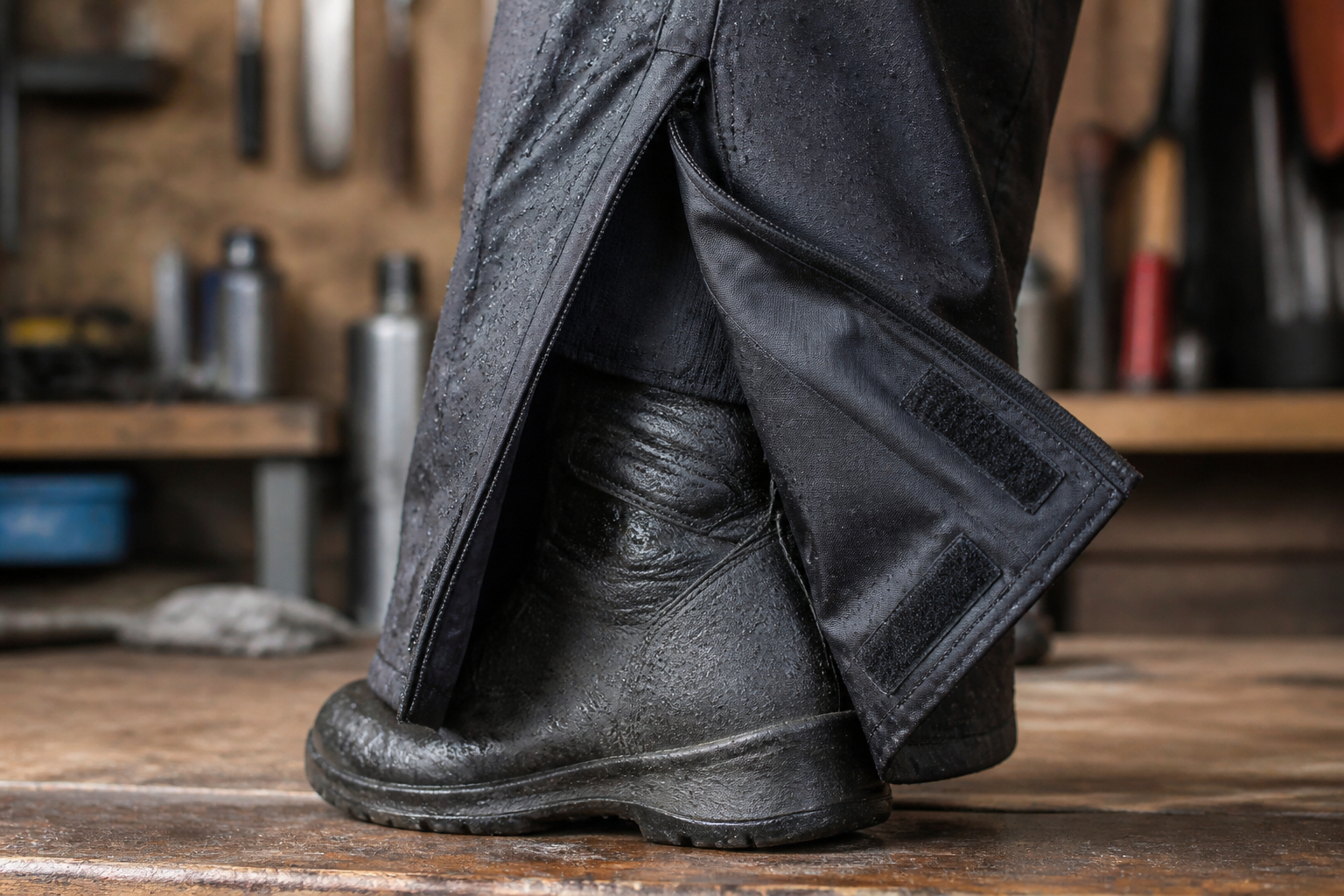Regenhose über Motorradstiefel anziehen