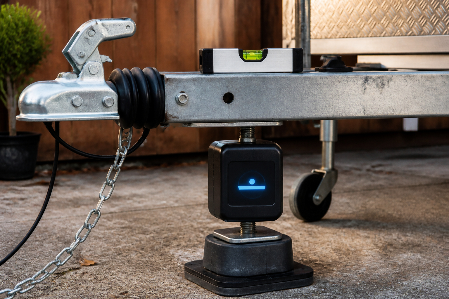 Digitale Stützlastwaage mit Wasserwaage an einer Anhängerdeichsel