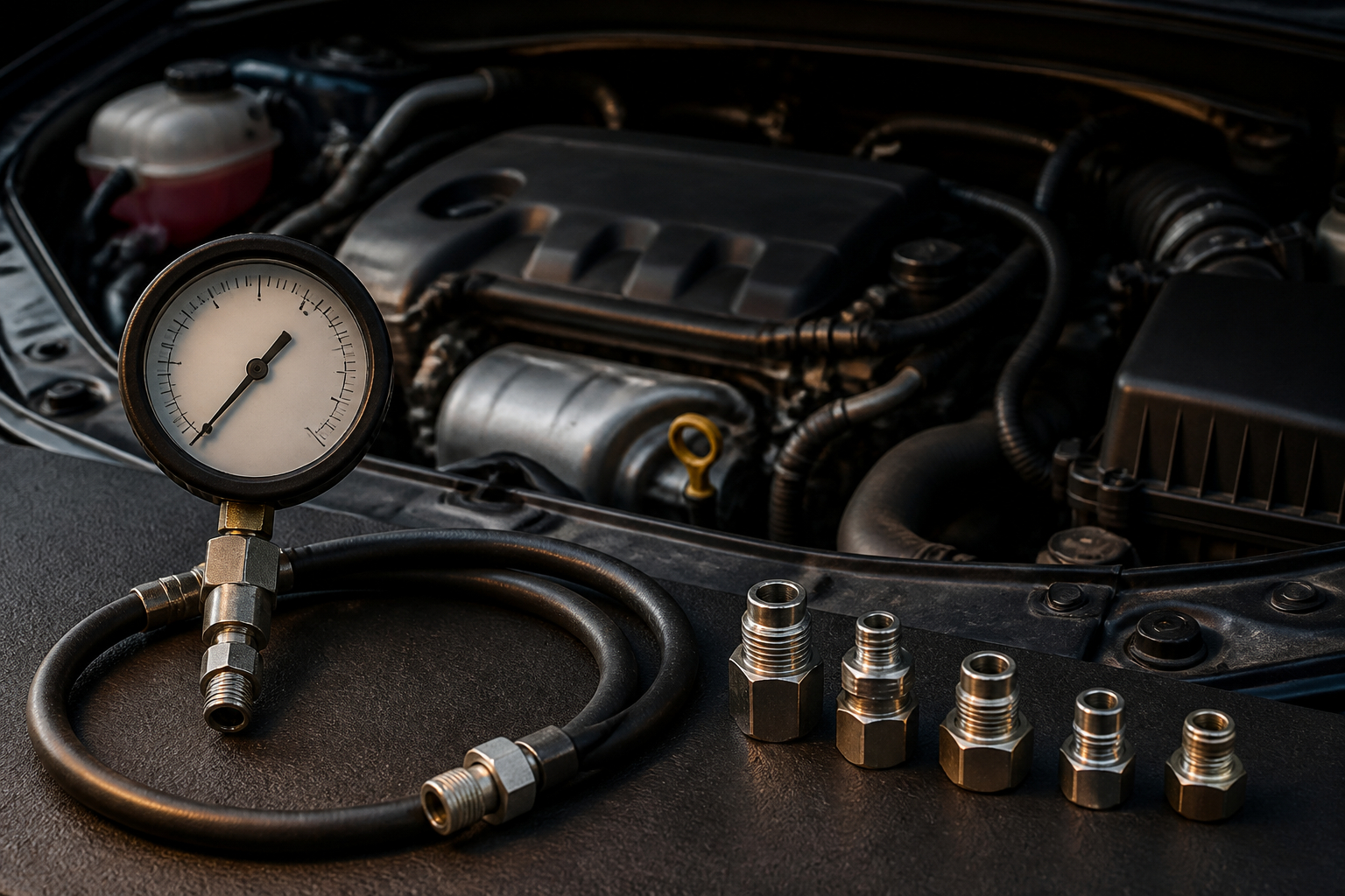 Mechanischer Öldruckprüfer mit Manometer und Adaptern in der Werkstatt