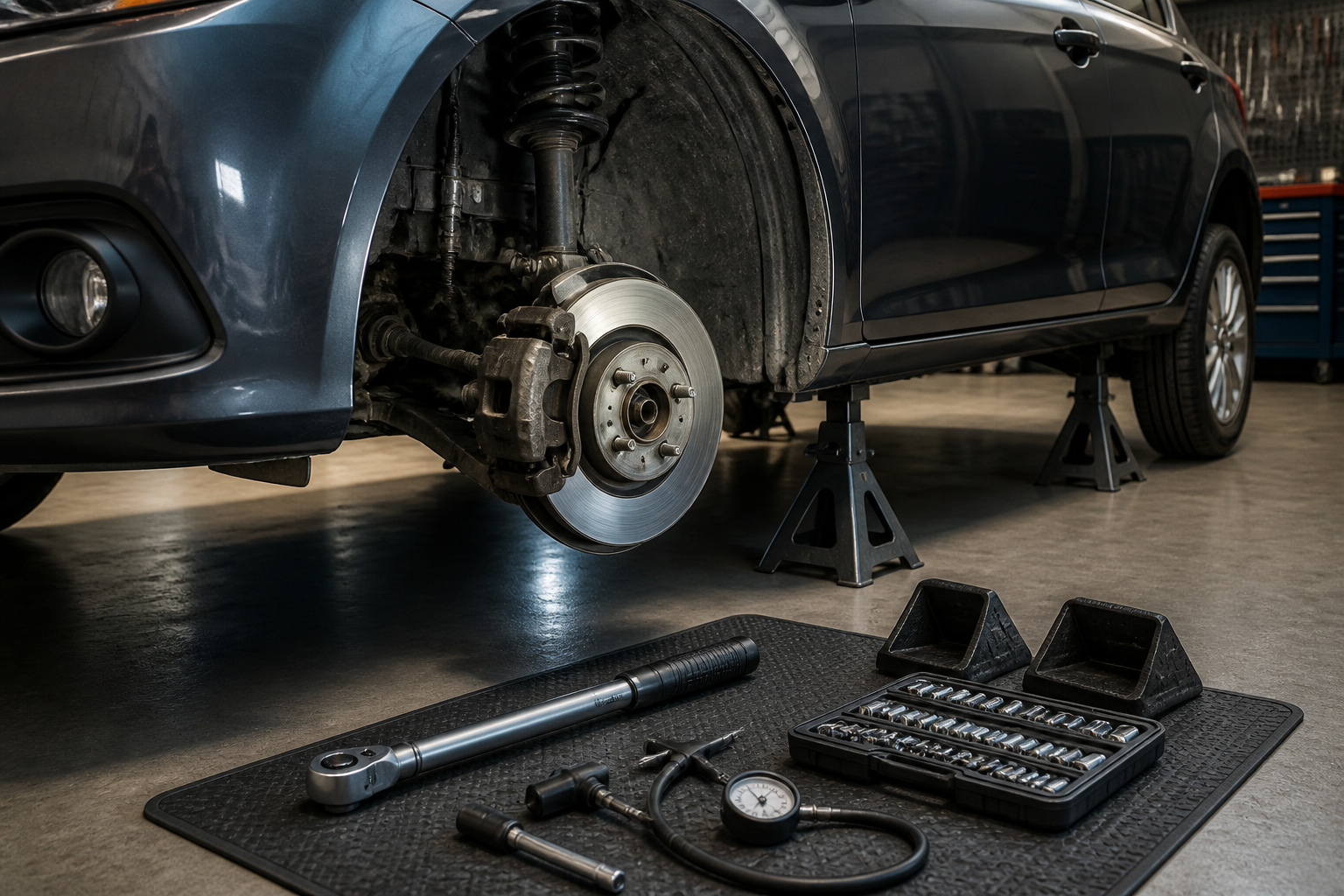 Sichere Fahrzeugprüfung an Bremse und Fahrwerk in der Werkstatt