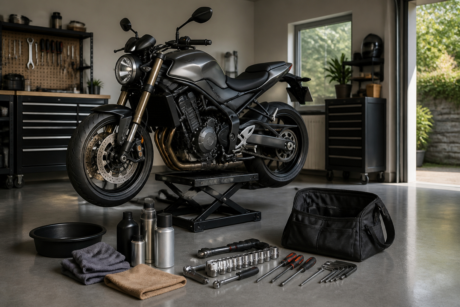 Werkzeuge für die Motorradwartung in einer aufgeräumten Garage