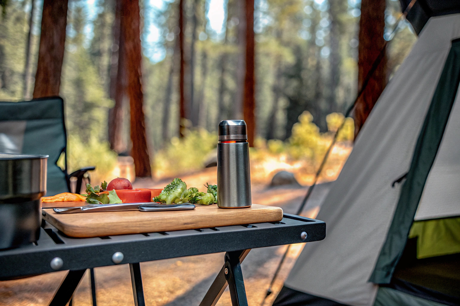 Campingküche mit Schneidebrett und Gewürzstreuer