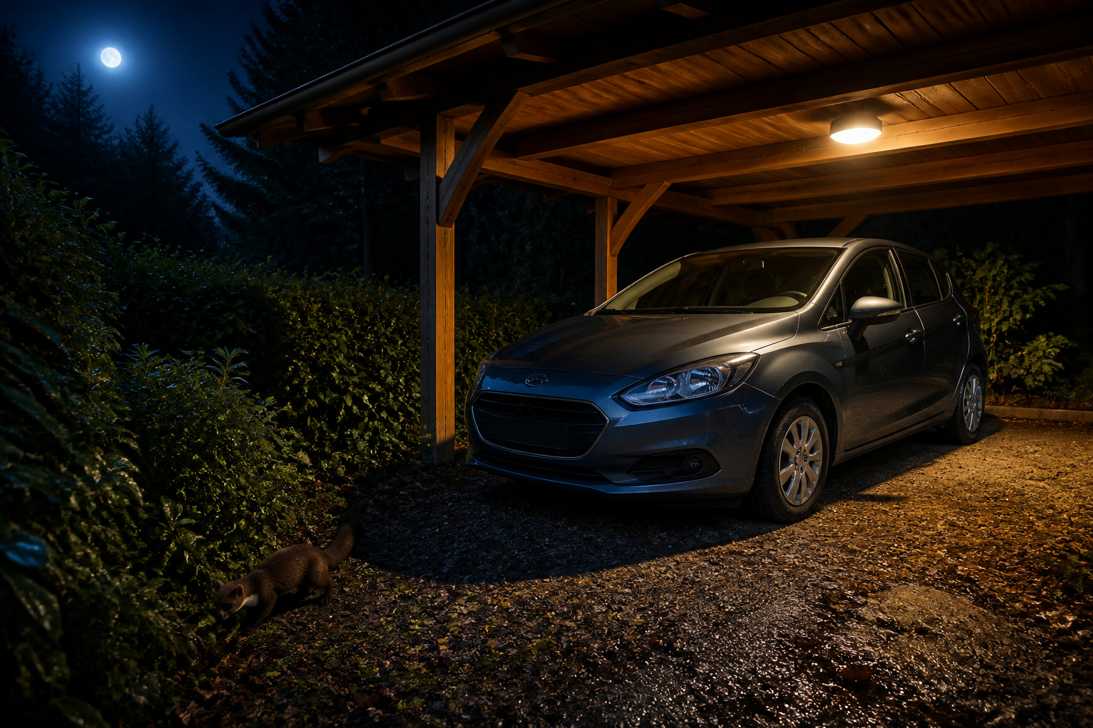Auto am Carport nahe Wald und Garten mit erhöhtem Marderrisiko