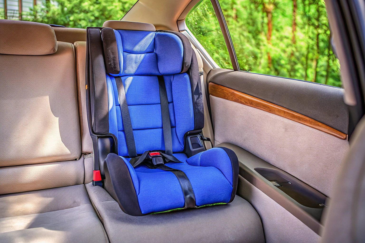 babyGO Sitzerhöhung in einem Auto installiert, zeigt die einfache Gurtbefestigung babyGO Sitzerhöhung mit einfacher Gurtbefestigung
