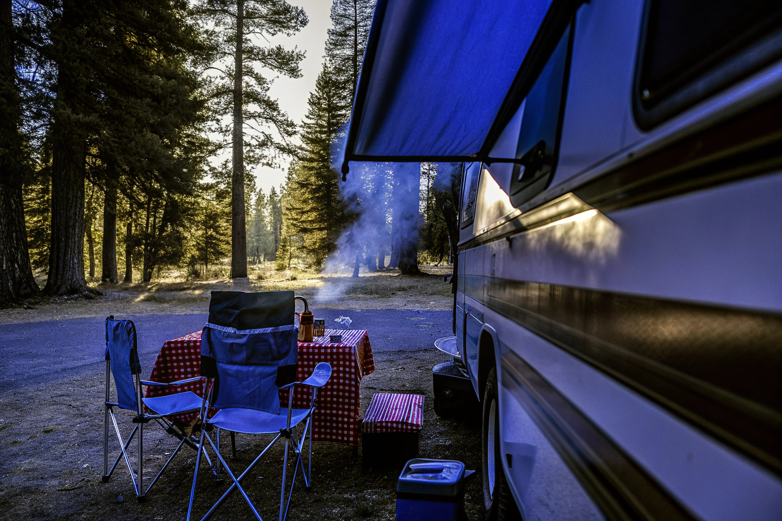 Campingplatz mit Wohnwagen und Zubehör im Einsatz Wohnwagen Campingplatz