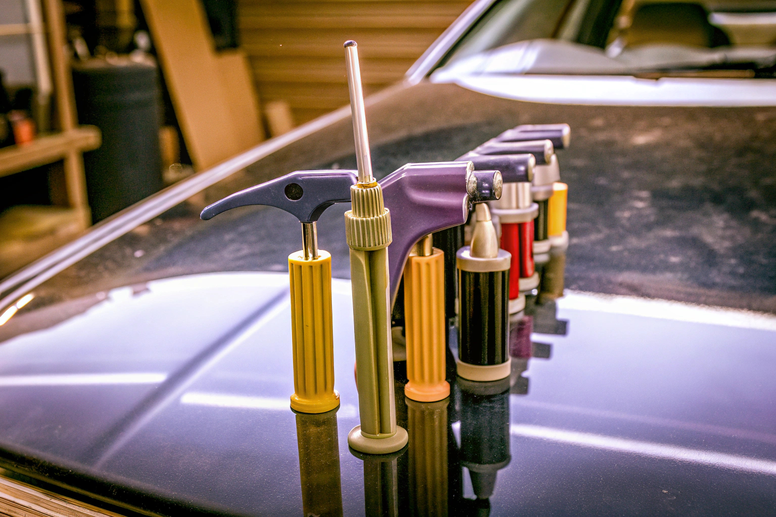 Detailaufnahme des Uolor Ausbeulwerkzeug-Sets, perfekt für DIY-Dellenreparaturen an Fahrzeugen. Uolor Ausbeulwerkzeug-Set für DIY-Dellenreparaturen