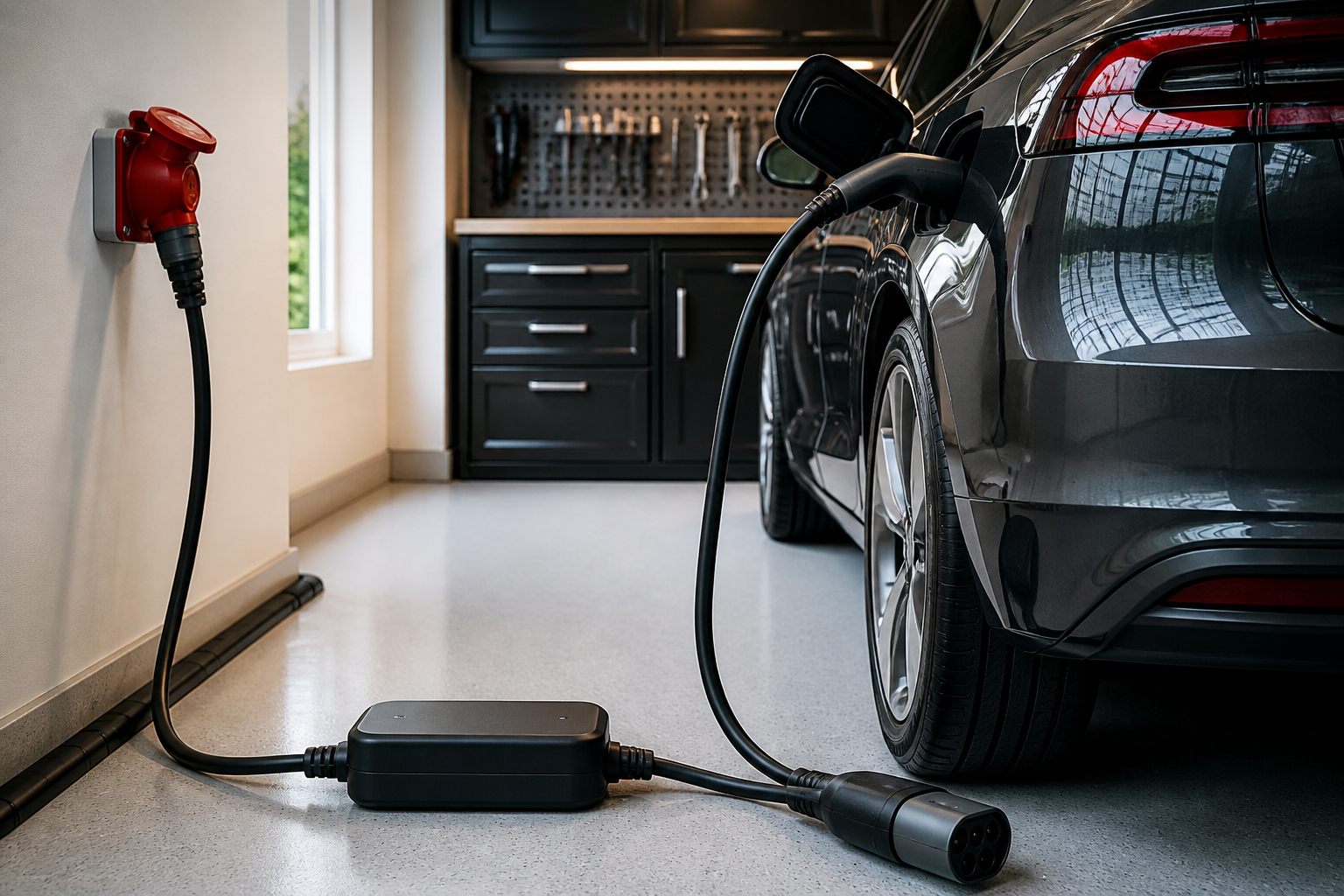 CEE Steckdose mit mobiler Wallbox und Typ 2 Ladekabel