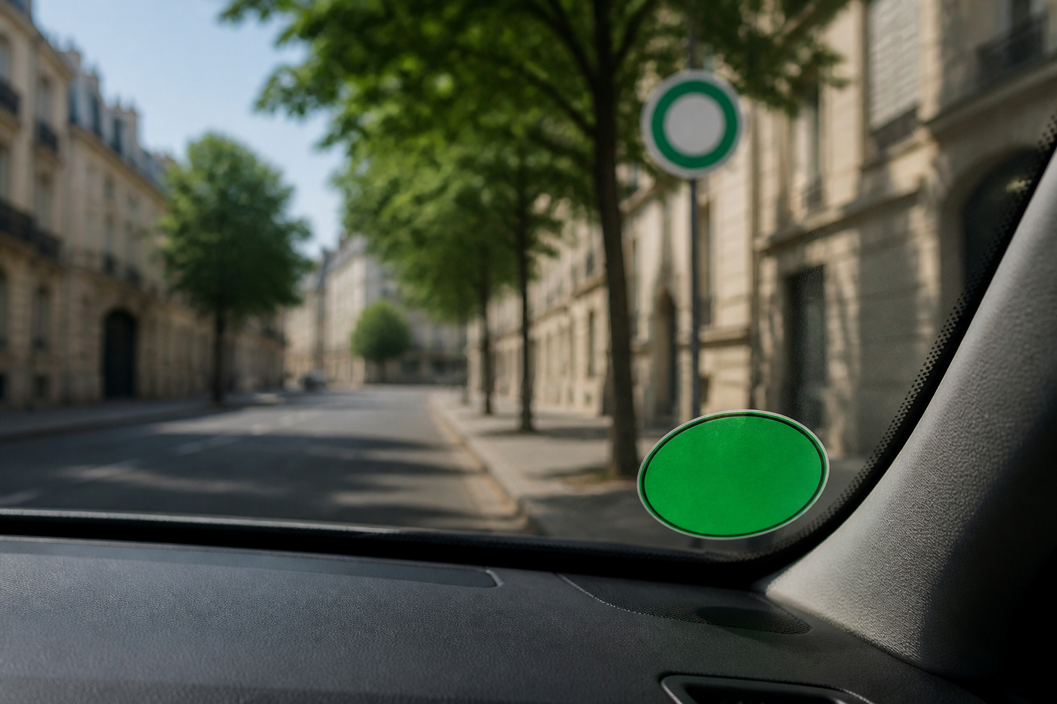 Grüne Umweltplakette an der Windschutzscheibe eines Autos