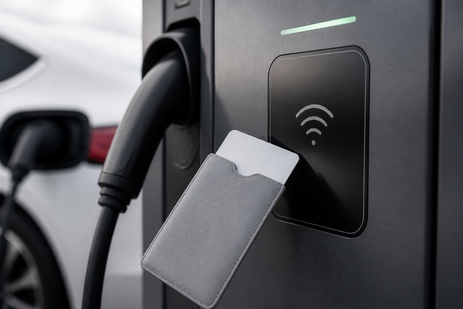 Ladekarte aus RFID Schutzhülle an Ladesäule halten