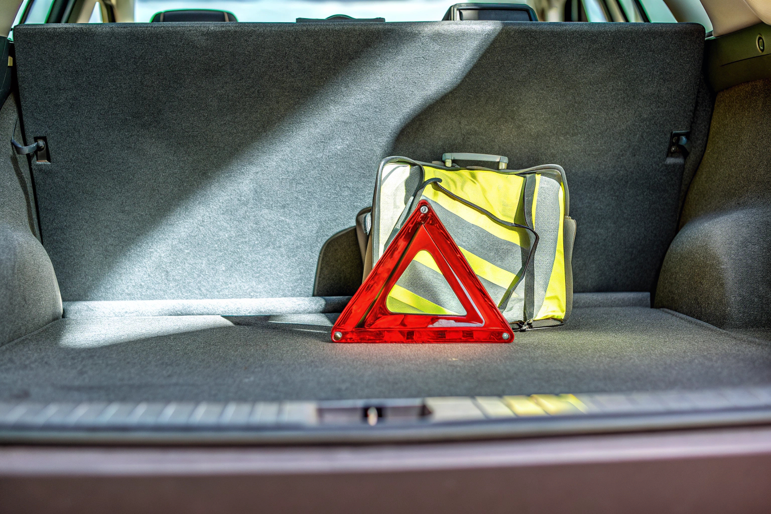 Detailaufnahme einer KFZ-Verbandtasche mit Warndreieck und Warnweste, die im Kofferraum eines Autos verstaut ist. KFZ-Verbandtasche mit Warndreieck und Warnweste
