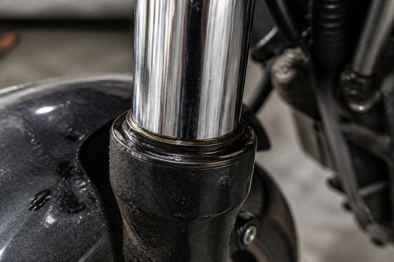 Undichter Gabelsimmerring am Motorrad mit Ölfilm am Gabelrohr