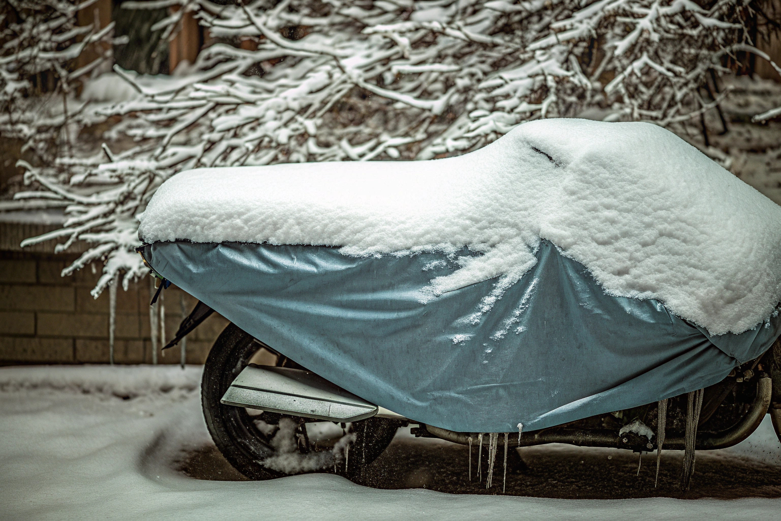 Motorradabdeckplane im Winter