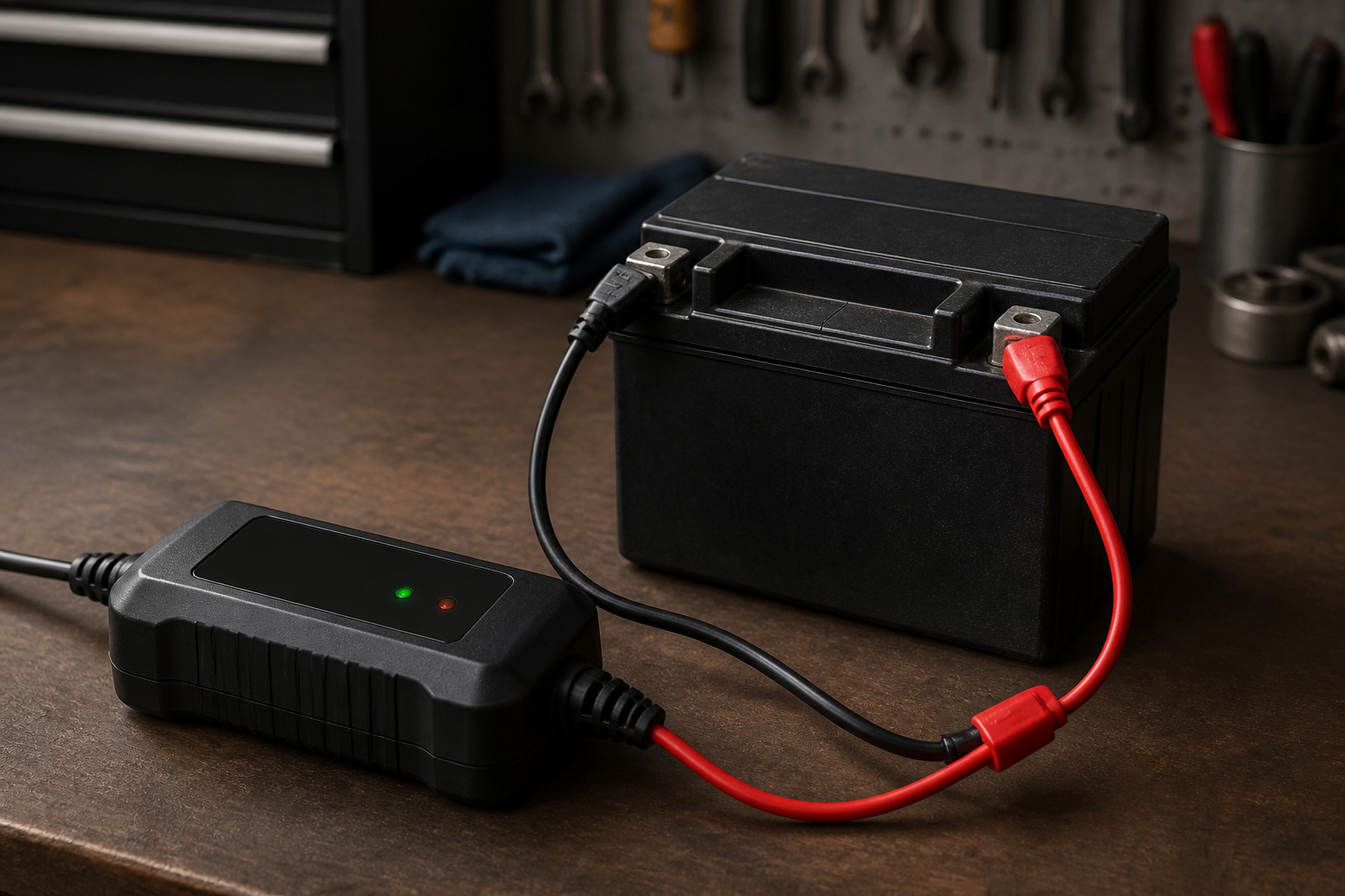 Motorradbatterie mit Erhaltungsladegerät überwintern