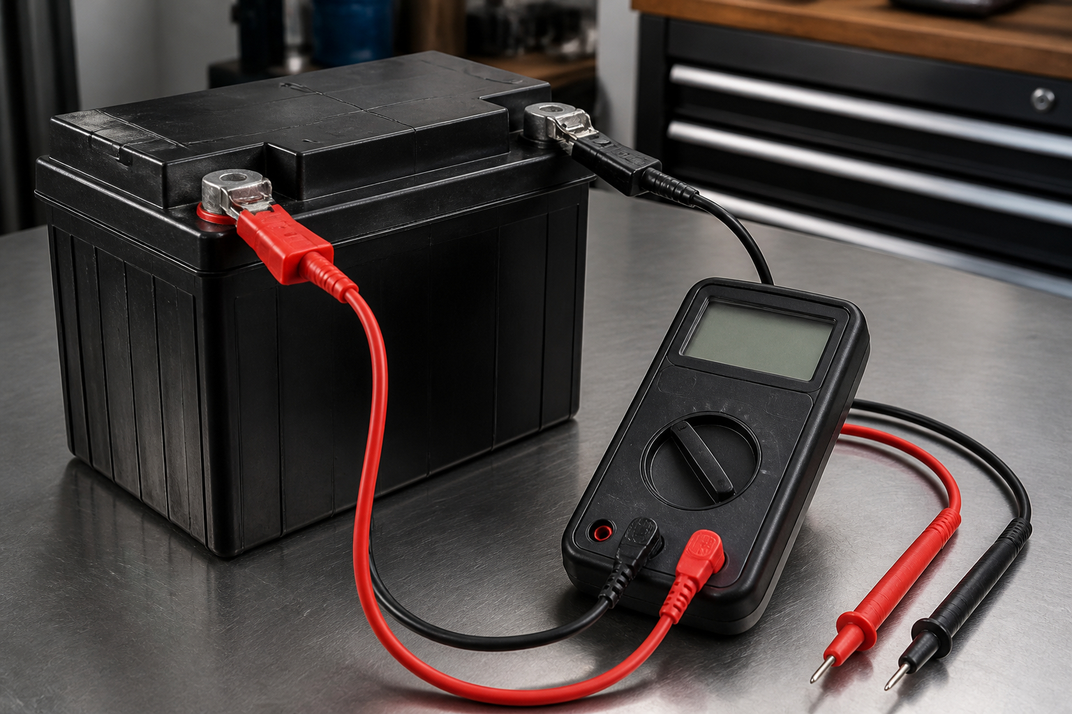 Motorradbatterie vor dem Überwintern mit Multimeter prüfen