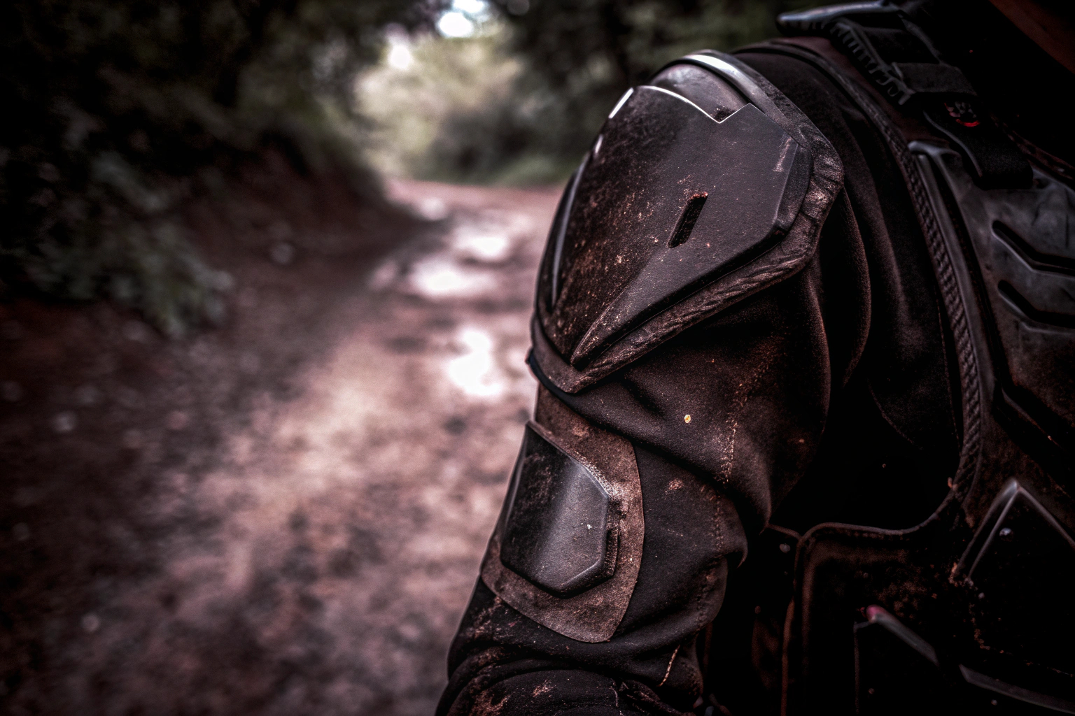 Detailaufnahme einer Offroad-Motorradjacke mit Protektoren in Aktion. Offroad-Motorradjacke mit Protektoren
