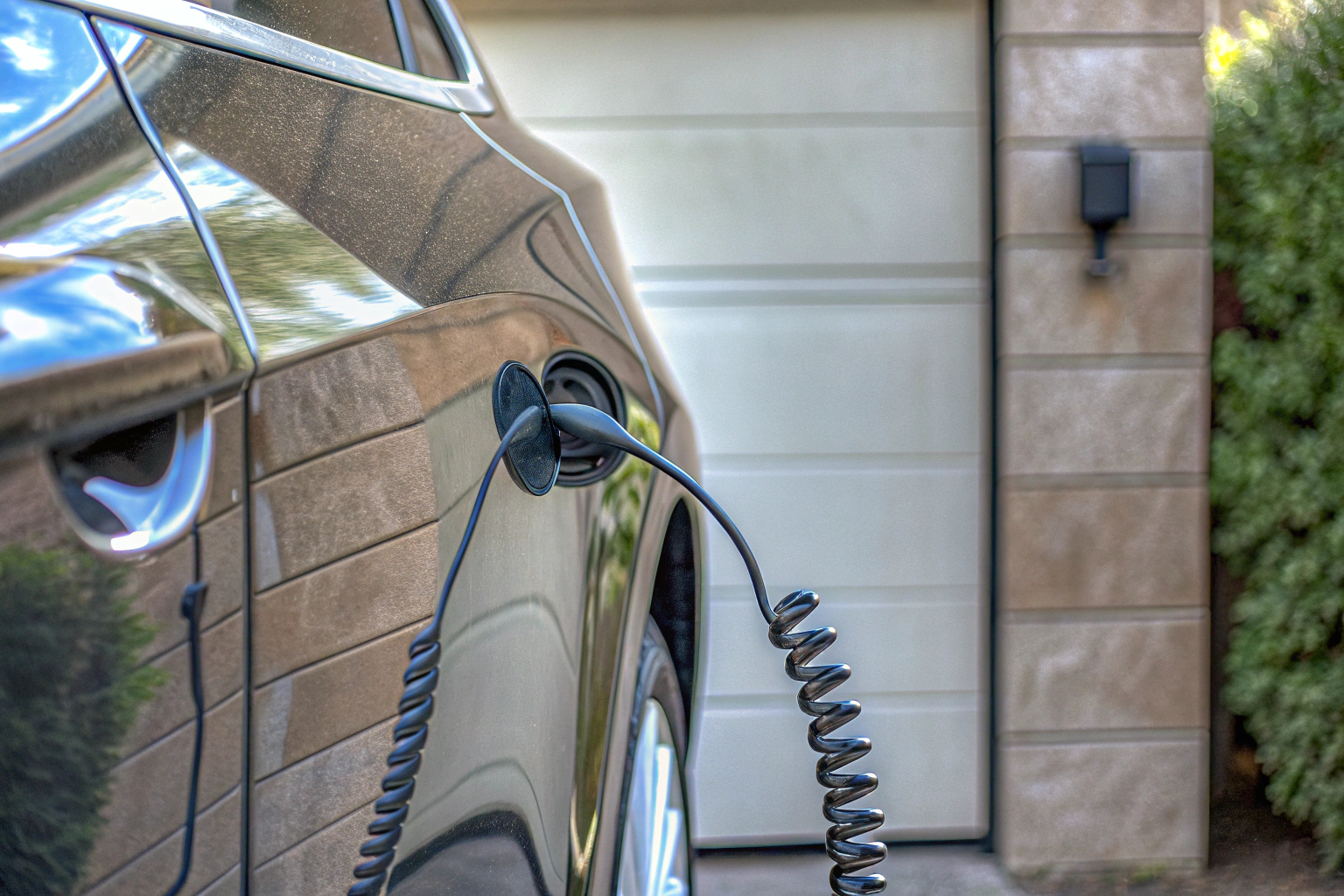 Detailaufnahme einer Wallbox mit angeschlossenem Hybridfahrzeug. Wallbox für Hybridfahrzeuge