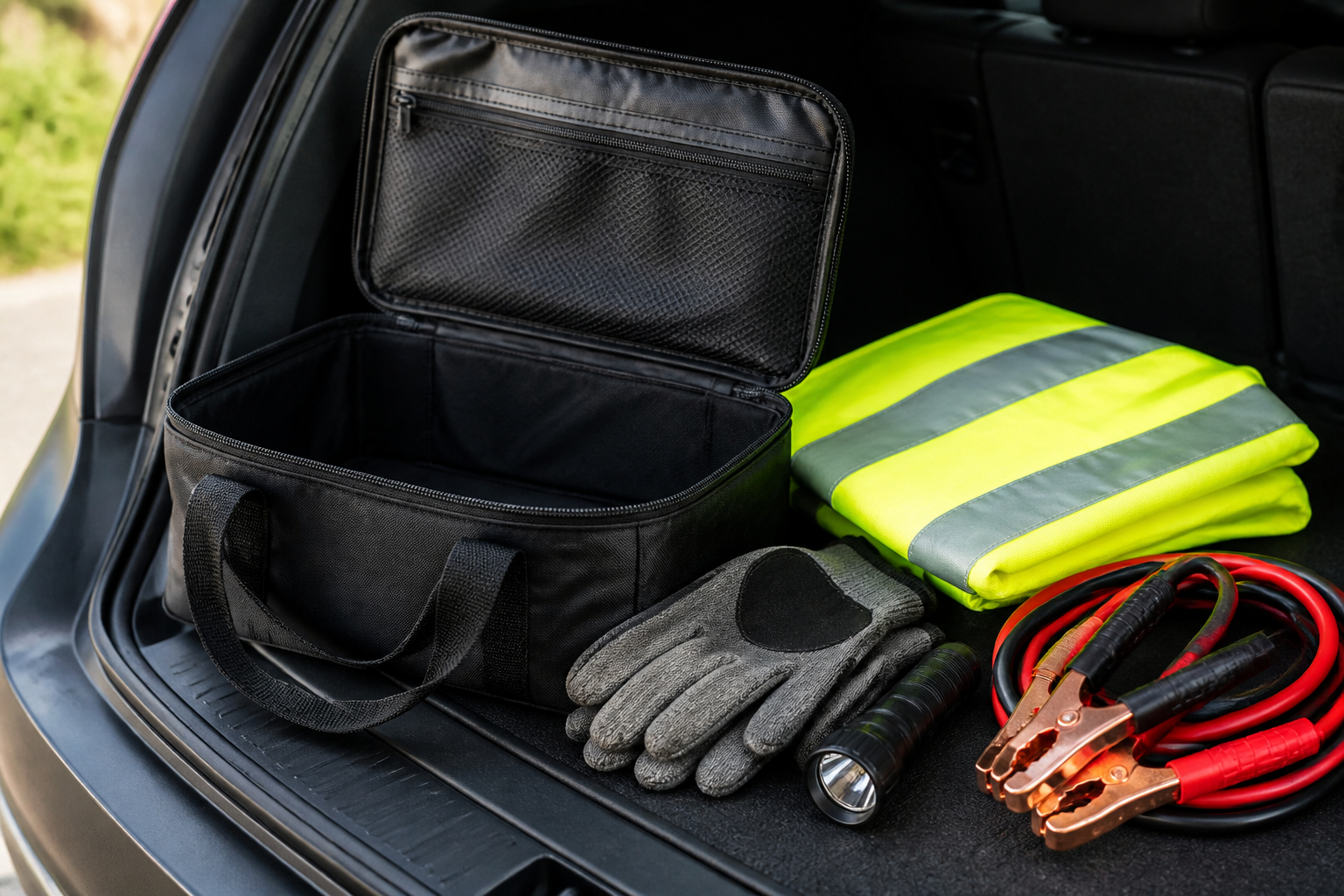 Pannenhilfe Ausrüstung mit Warnweste Taschenlampe Handschuhen und Starthilfekabeln