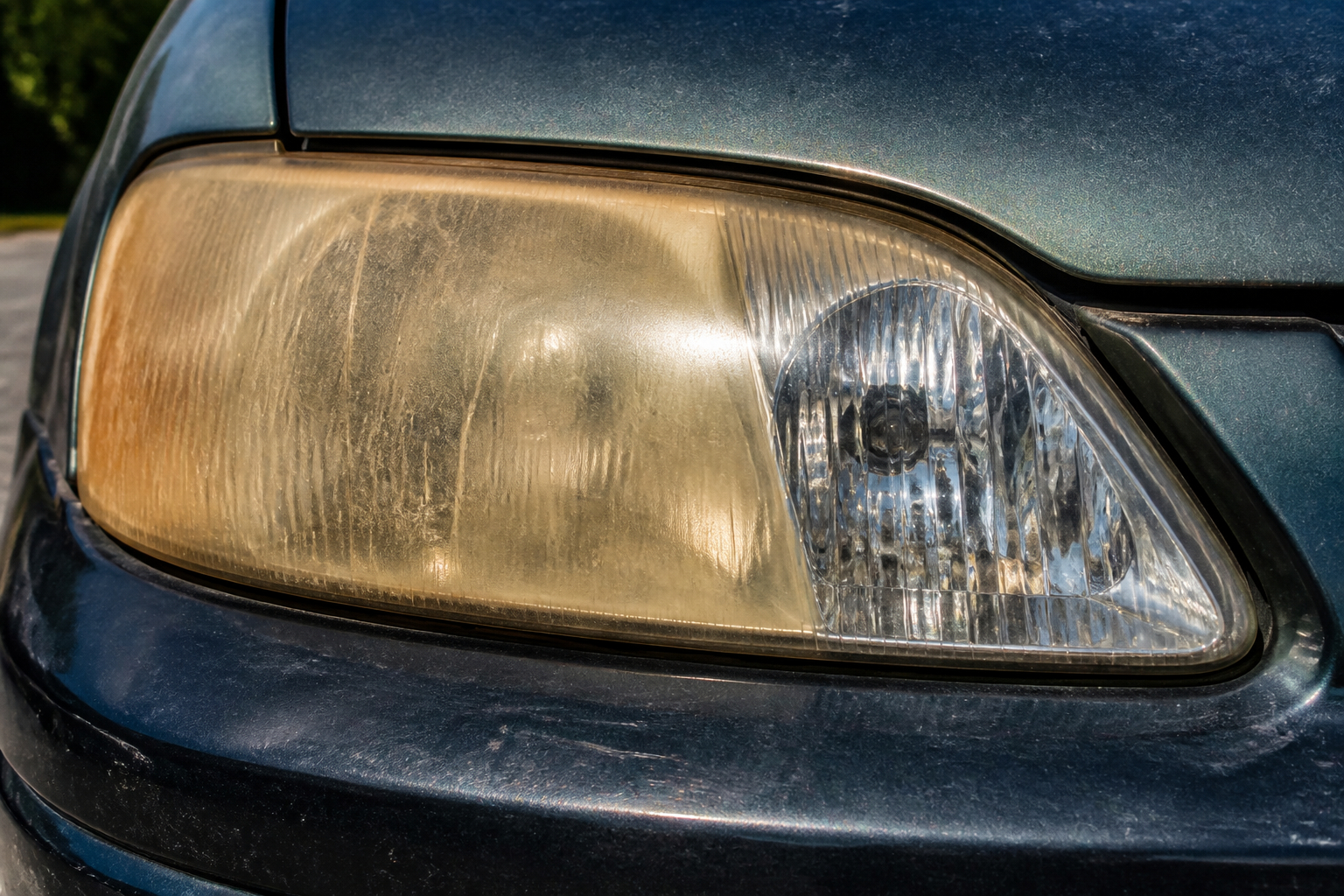 Vergilbten und matten Autoscheinwerfer vor der Aufbereitung erkennen