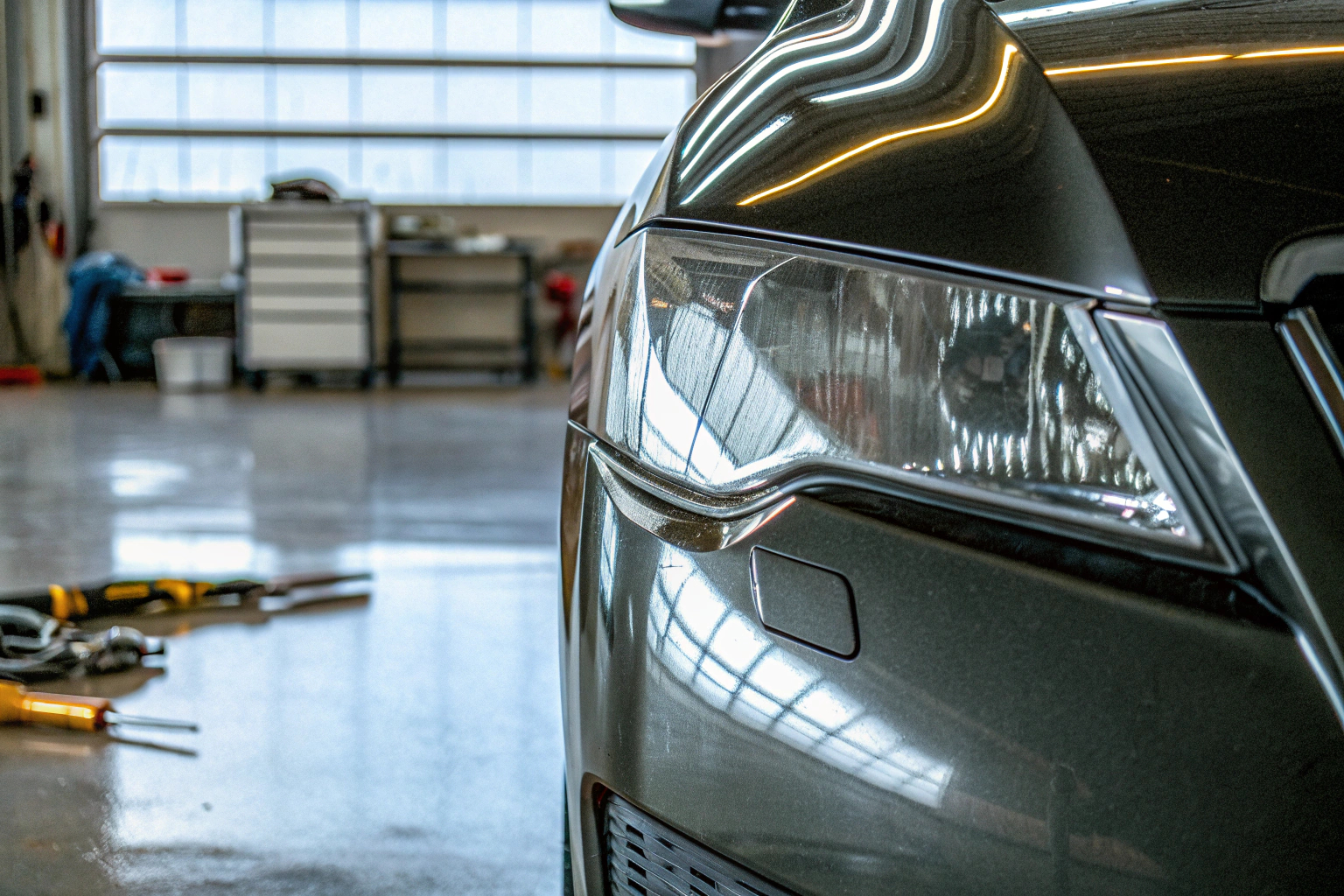 Detailaufnahme eines Autos in der Werkstatt bei der Vorbereitung auf die TÜV-Prüfung Auto in der Werkstatt zur TÜV-Vorbereitung