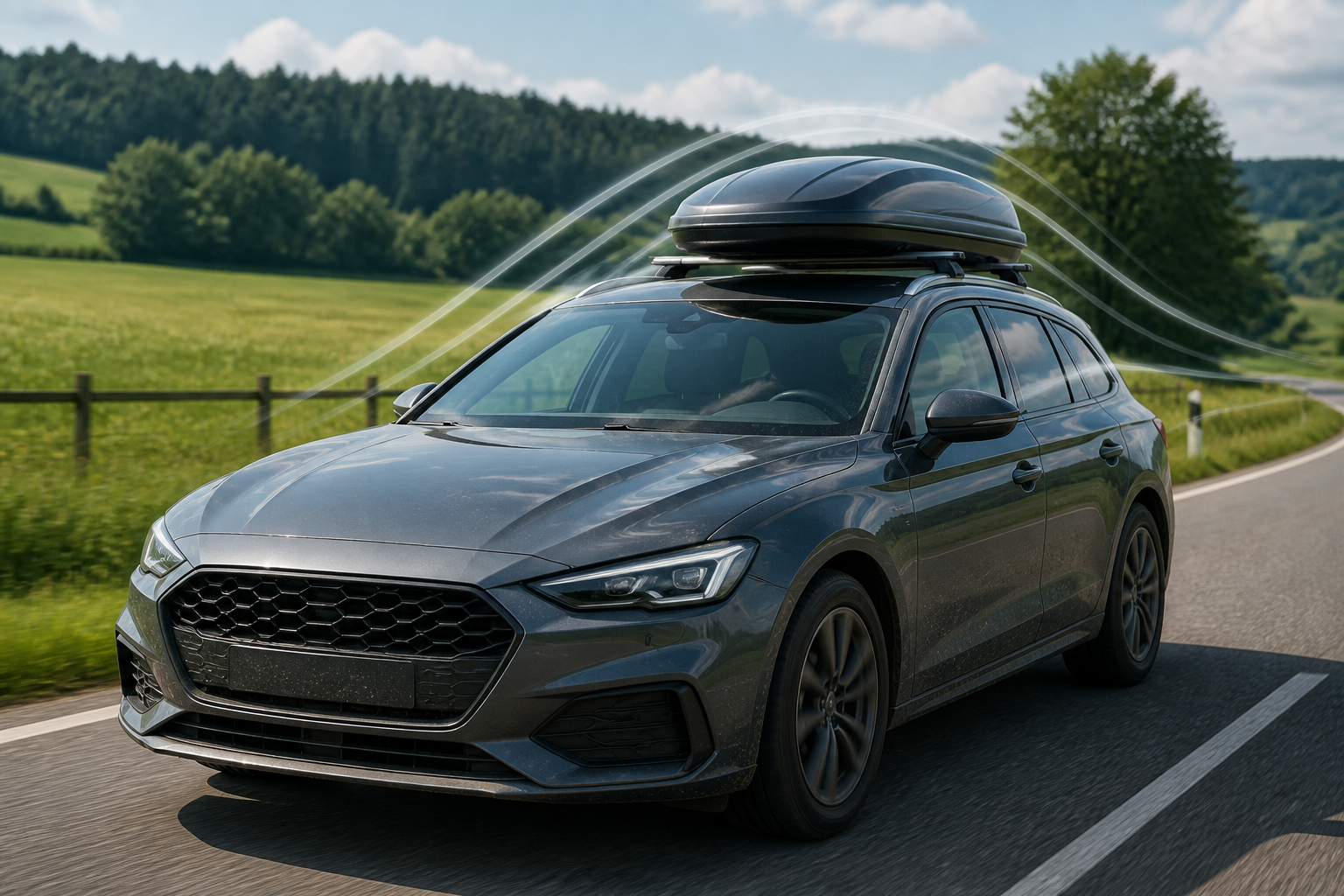 Aerodynamische Dachbox auf einem Auto und Einfluss auf den Kraftstoffverbrauch