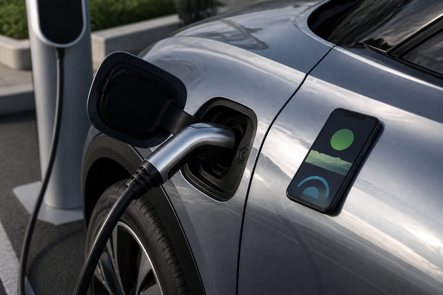 Gebrauchtes Elektroauto an der Ladesäule mit Anzeige des Batteriezustands
