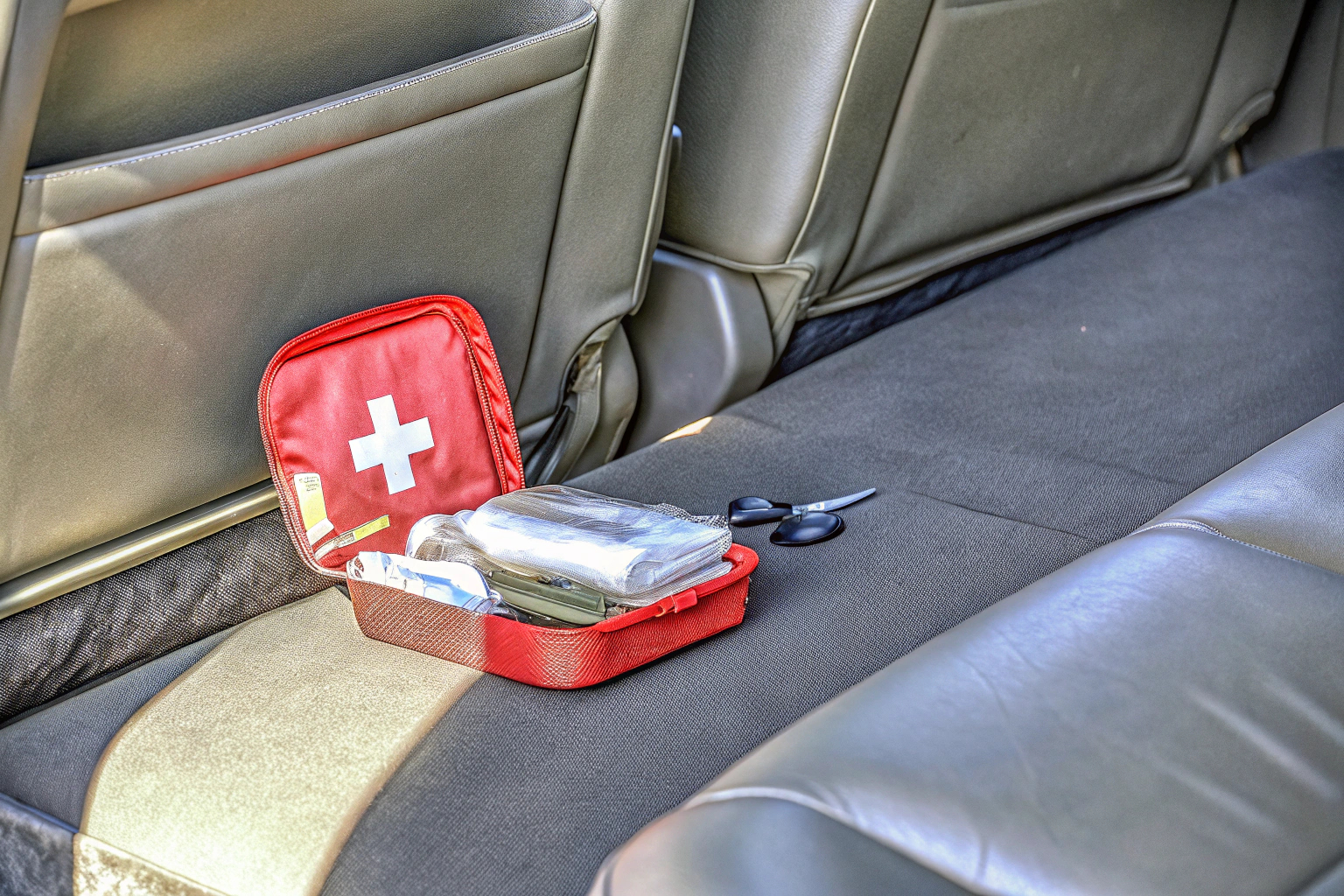 Detailaufnahme eines Erste-Hilfe-Sets, das in einem Auto aufbewahrt wird. Erste-Hilfe-Set im Auto