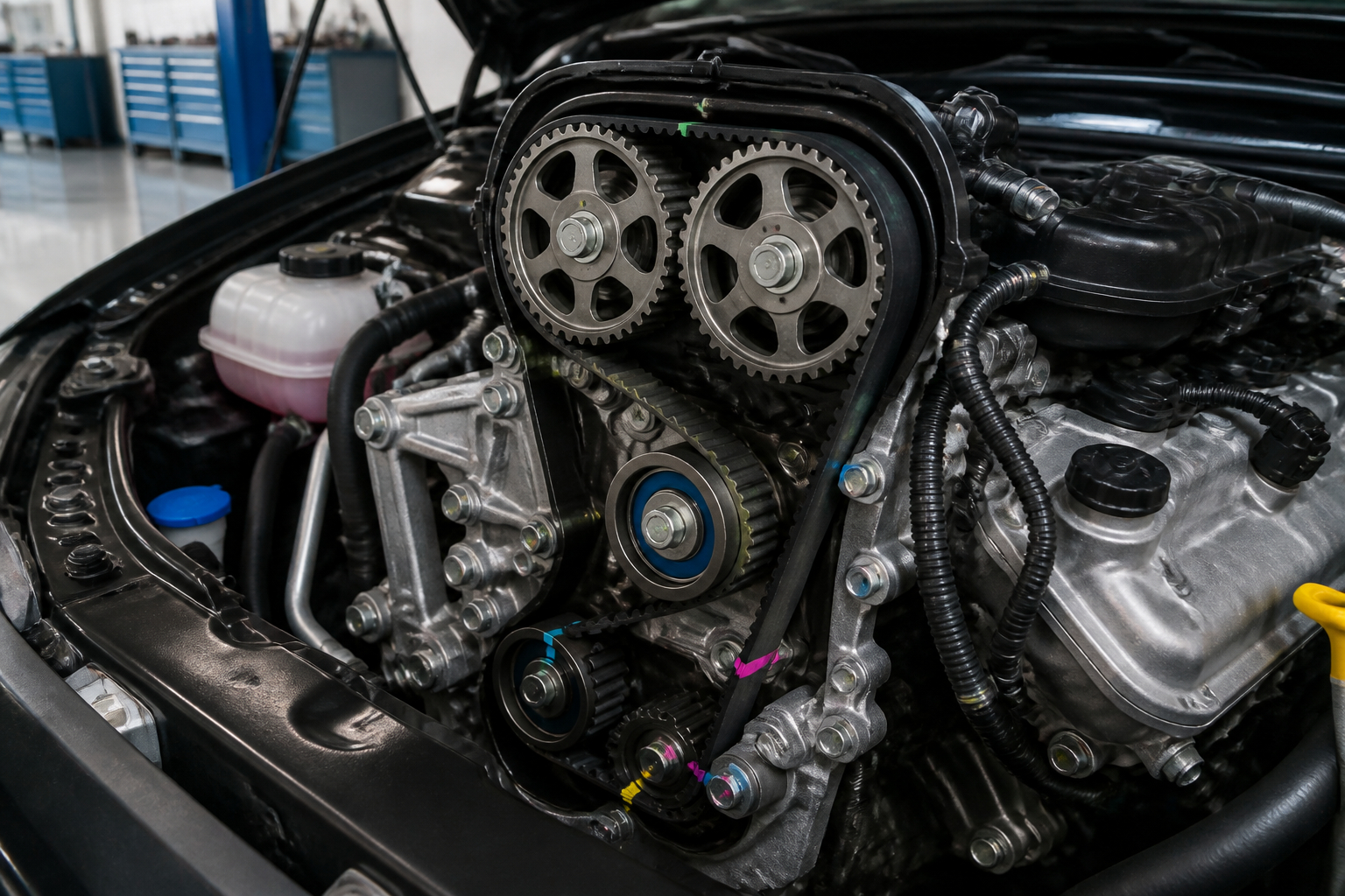 Zahnriemen und Spannrolle im Motorraum eines Gebrauchtwagens