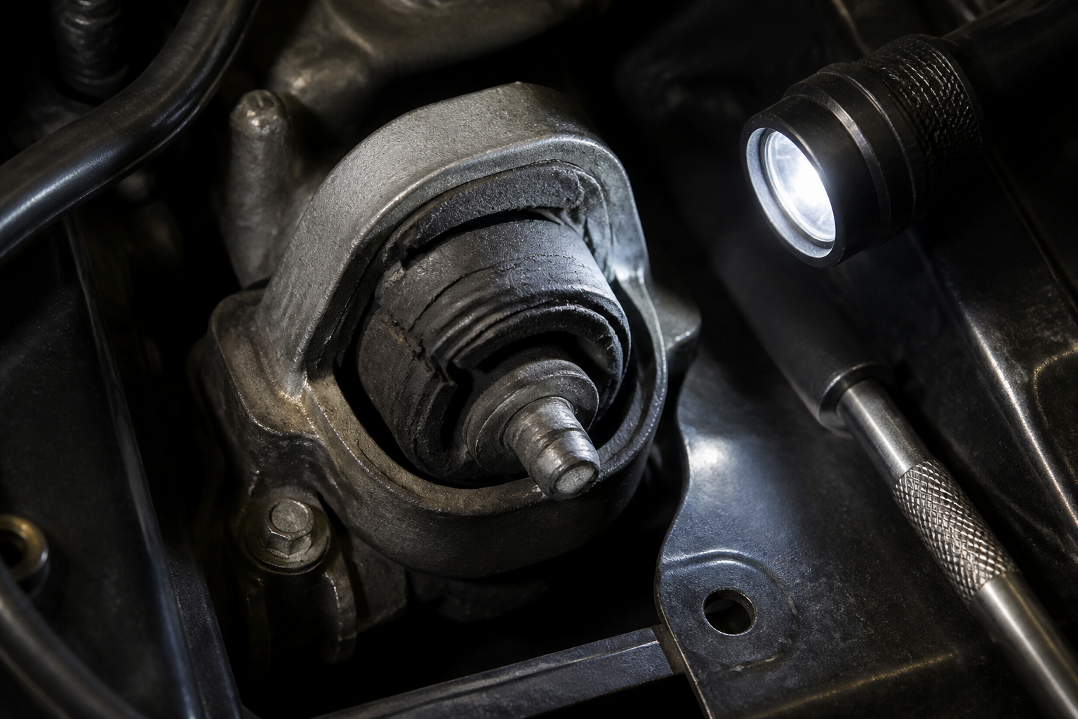 Rissiges Motorlager bei der Sichtprüfung in der Werkstatt