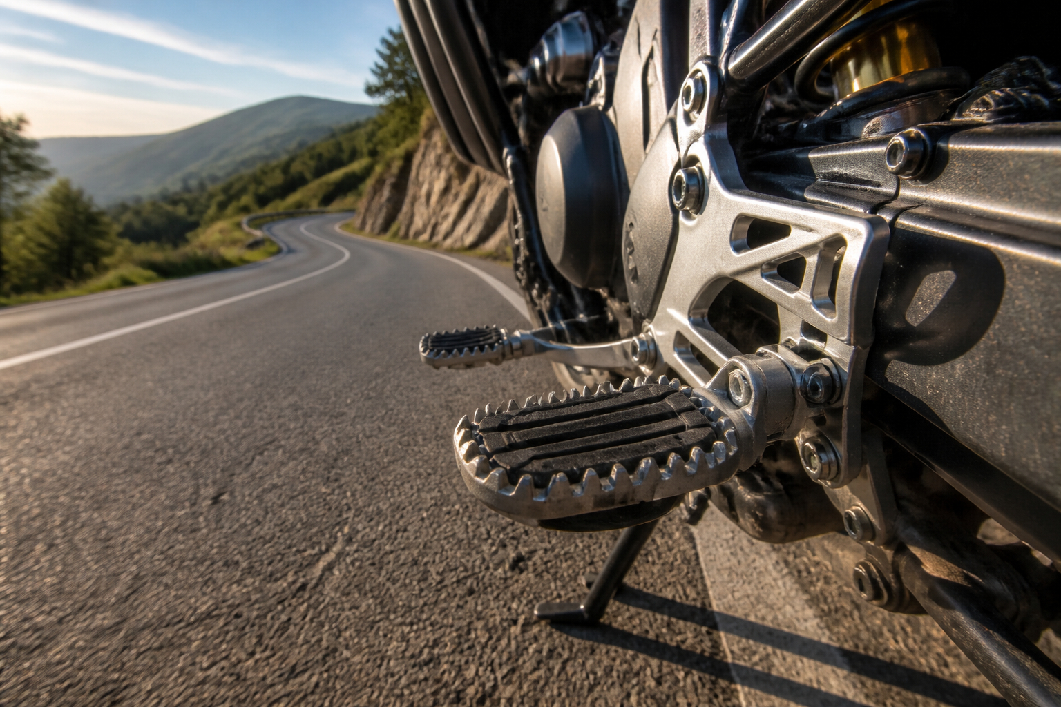 Motorradfahrer mit ergonomisch passenden Fußrasten in Kurvenfahrt