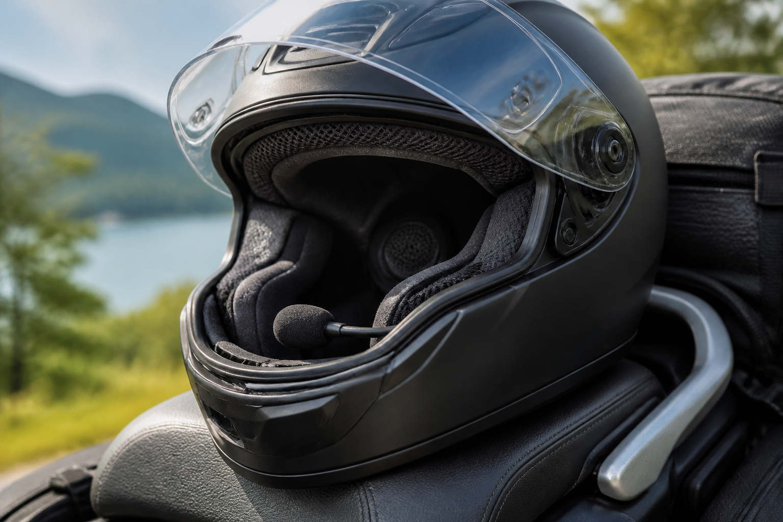 Mikrofon und Lautsprecher eines Motorrad-Intercoms im Integralhelm