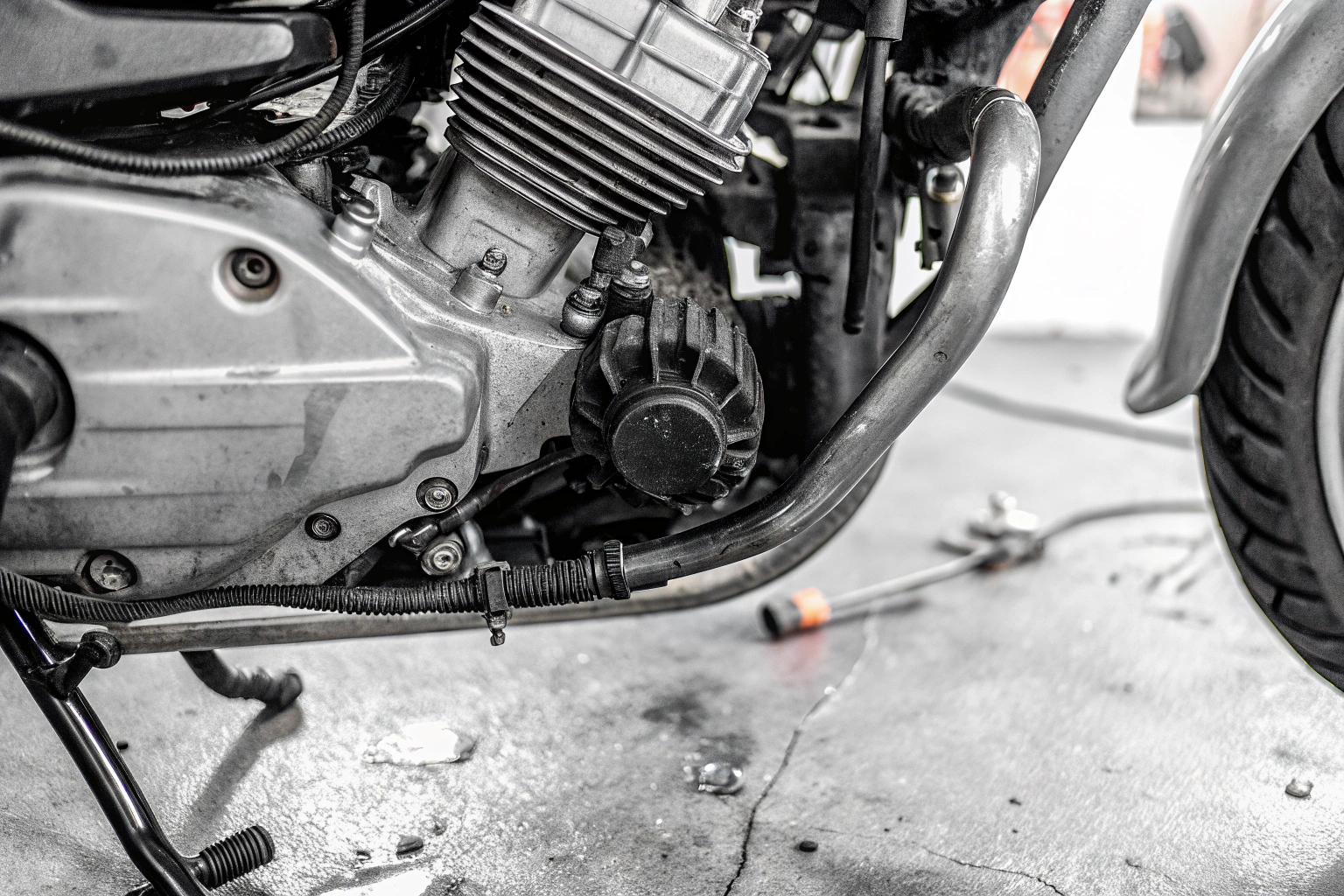 Detailaufnahme eines Motorradmotor mit geöffneter Verkleidung zur Wartung. Motorradmotor zur Wartung geöffnet