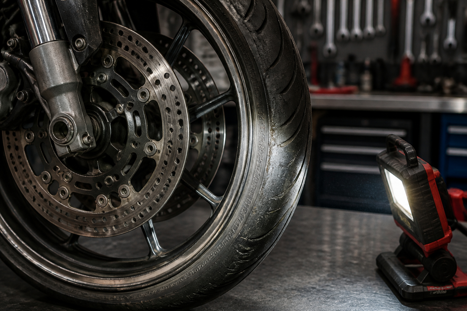 Reifen Felge und Bremsscheibe am Motorrad auf Schäden prüfen