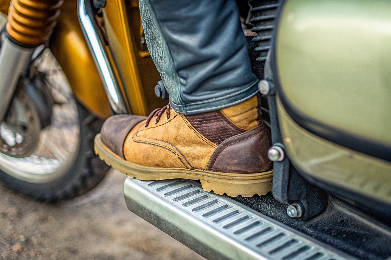 Detailaufnahme eines Motorradstiefels mit Protektoren und Schalthebelverstärkung. Motorradstiefel mit Protektoren