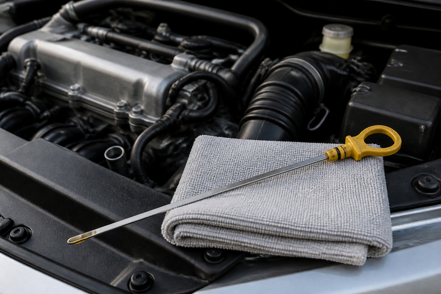 Ölstand am Auto mit dem Peilstab kontrollieren