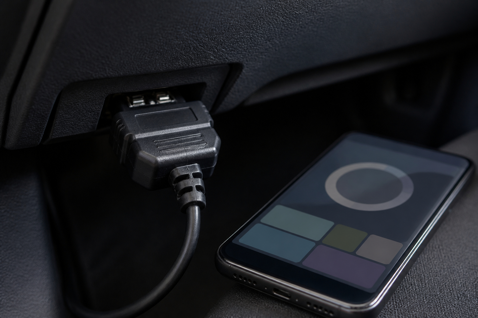 OBD2-Anschluss und Smartphone zur Fahrzeugdiagnose