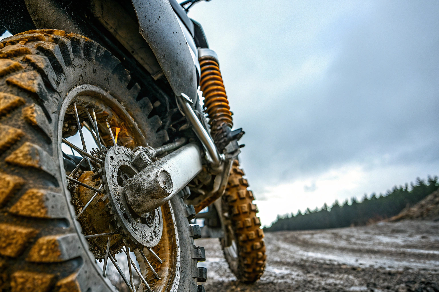 Detailaufnahme eines Offroad-Motorrads mit schmutzverkrusteten Reifen und großem Federweg. Offroad-Motorrad