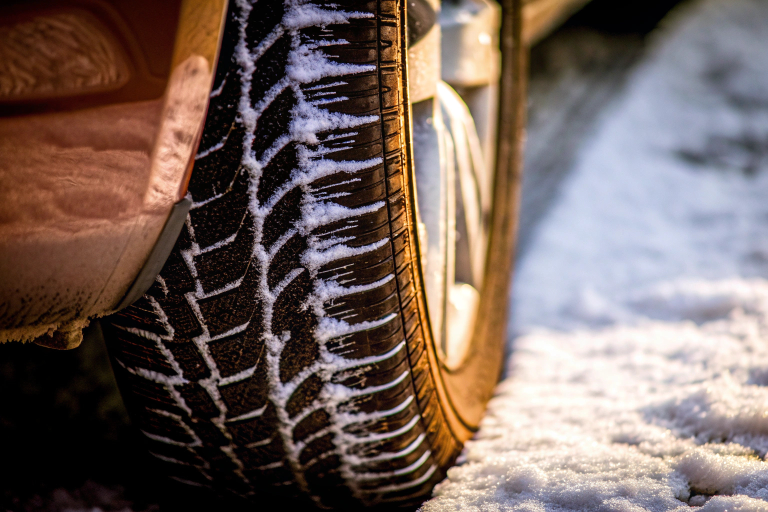 Detailaufnahme eines Winterreifens im Schnee, zeigt die spezielle Lamellenstruktur. Winterreifen im Schnee