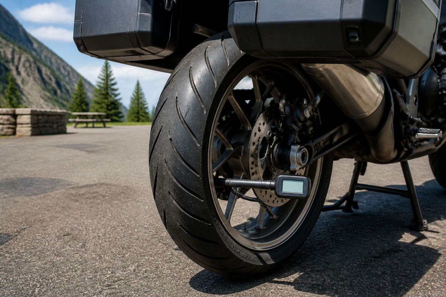 Reifendruck am Hinterrad eines Motorrads während der Tour messen