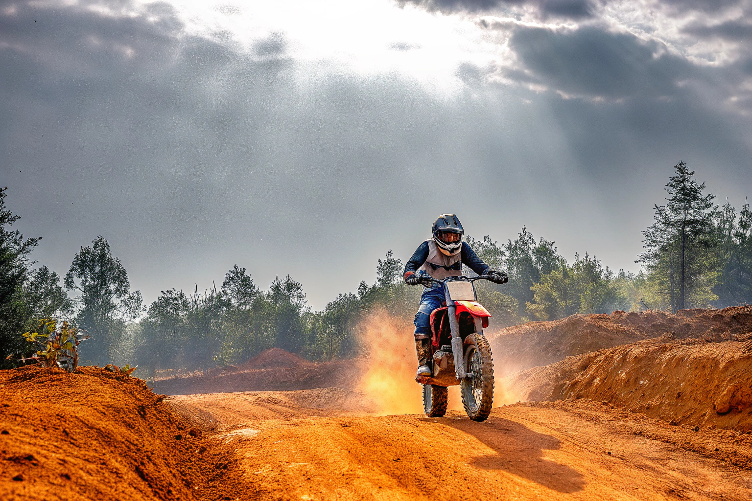 Ein Anfänger beim Offroad-Motorradfahren, der auf einem schmalen Pfad navigiert. Er trägt vollständige Schutzausrüstung. Anfänger beim Offroad-Motorradfahren