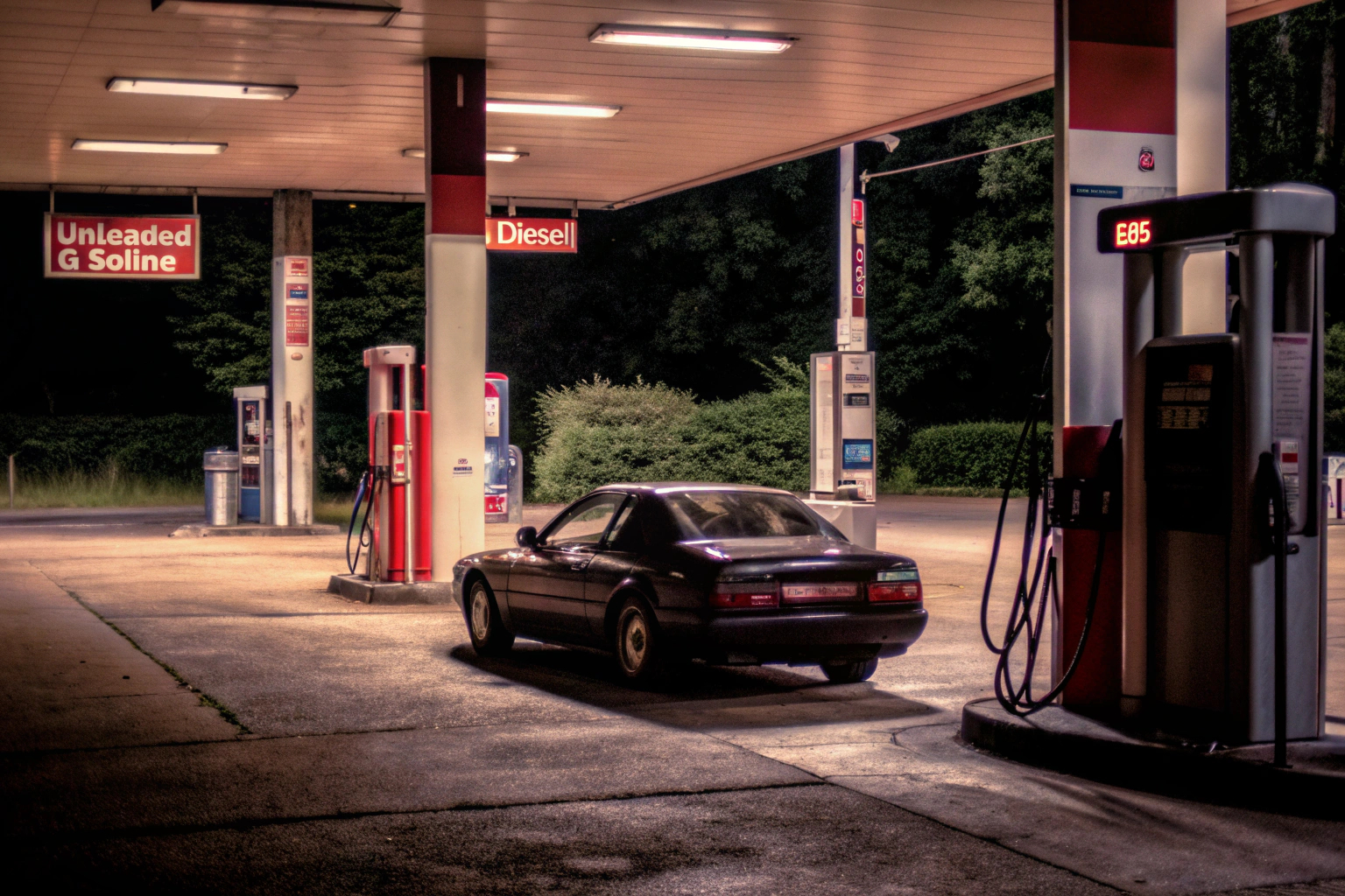 Ein Auto an einer Tankstelle beim Betanken mit verschiedenen Kraftstoffarten Auto beim Betanken