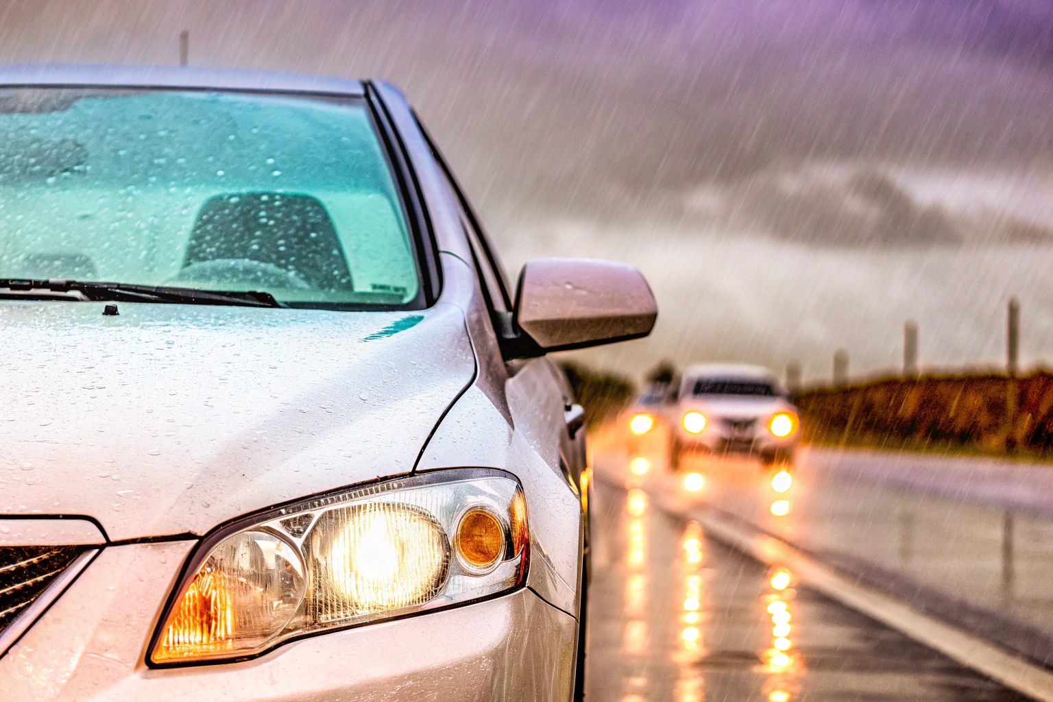 Ein Auto, das bei Regen auf der Autobahn fährt, mit sichtbarem Sicherheitsabstand zum vorausfahrenden Fahrzeug. Auto mit Sicherheitsabstand bei Regen