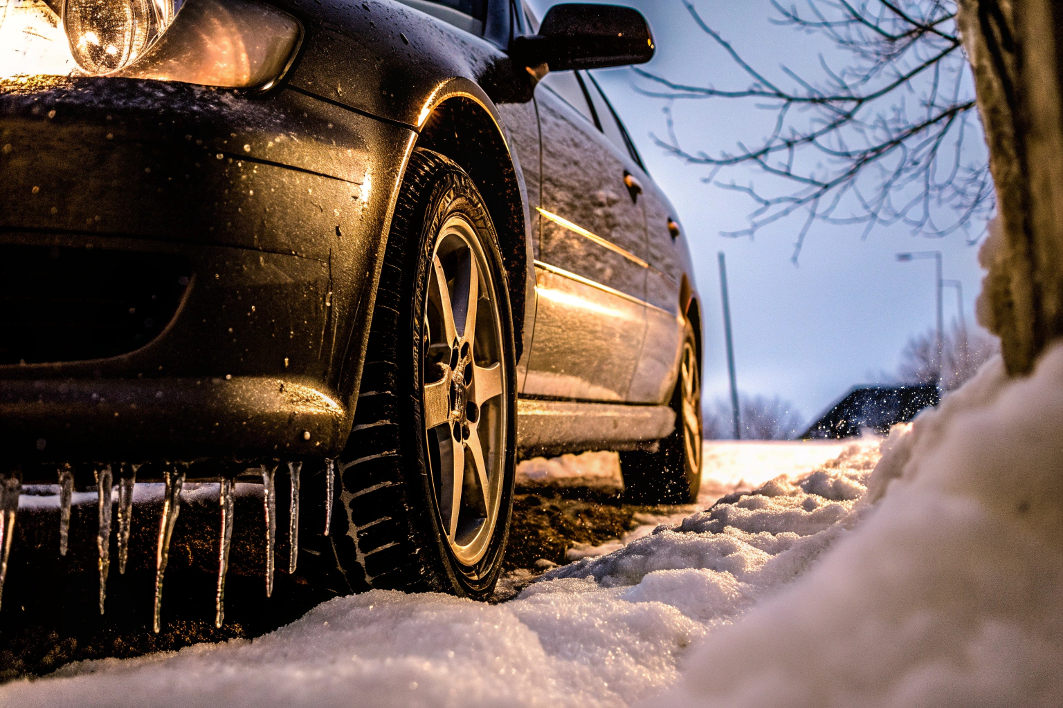 Ein Auto, das durch verschneite Straßen fährt, um die Leistungsfähigkeit von Winterreifen zu demonstrieren. Auto mit Winterreifen im Schnee