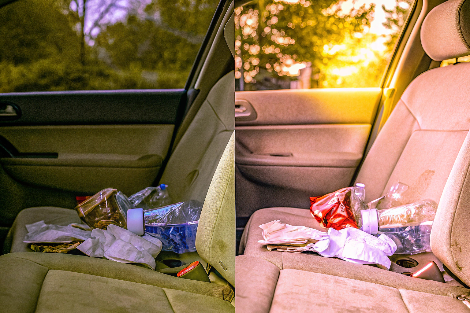 Ein Auto, das vor und nach dem Entmisten gezeigt wird, um den Unterschied zu verdeutlichen. Vorher-Nachher Bild eines aufgeräumten Autos