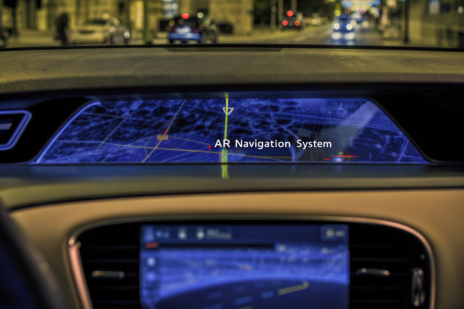 Ein Auto-Display mit Augmented Reality Navigation auf der Windschutzscheibe. Augmented Reality im Auto