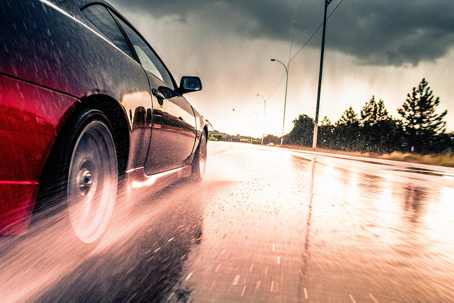 Auto auf nasser Straße bei Regen